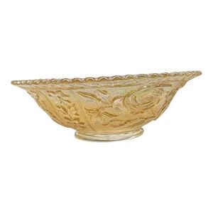 Vintage Carnival Glass "Open Rose" Amber Rainbow Iridescent Bowl 8"